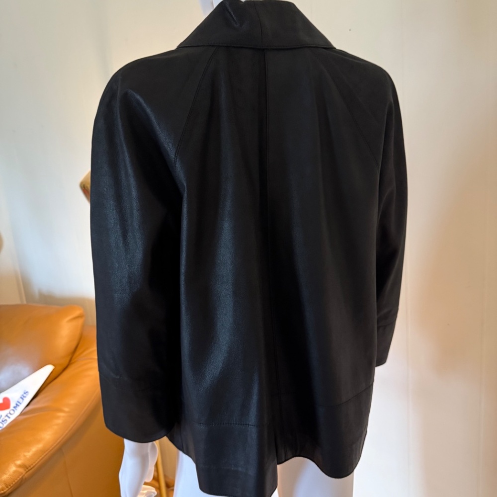Black leather Doncaster, 3/4 sleeve, shawl collar, jacket, size 14; capsule - Picture 2 of 5